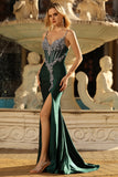 Sparkly Dark Green Mermaid Beaded Corset Lace Up Back Long Prom Dress with Slit