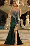 Sparkly Dark Green Mermaid Beaded Corset Lace Up Back Long Prom Dress with Slit