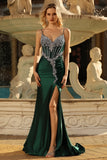 Sparkly Dark Green Mermaid Beaded Corset Lace Up Back Long Prom Dress with Slit