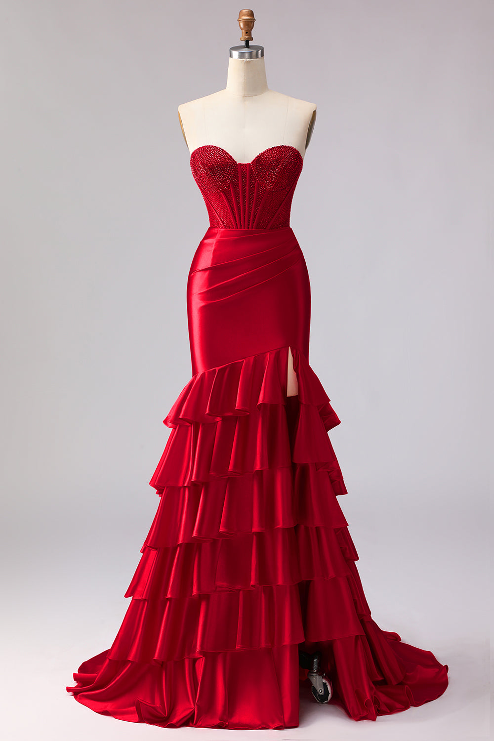WEDTREND Women Red Mermaid Beaded Long Prom Dress Sweetheart Corset Tiered Ruffle Party Dress with Slit WEDTREND Women Red Mermaid Beaded Long Prom Dress Sweetheart Corset Tiered Ruffle Party Dress with Slit