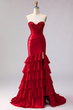 Red Mermaid Sweetheart Beaded Corset Tiered Ruffle Long Prom Dress with Slit