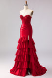 Red Mermaid Sweetheart Beaded Corset Tiered Ruffle Long Prom Dress with Slit
