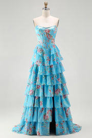 Blue Floral Strapless A-Line Corset Tiered Ruffle Print Long Prom Dress with Slit