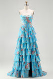 Blue Floral Strapless A-Line Corset Tiered Ruffle Print Long Prom Dress with Slit