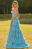 Blue Floral A-Line Strapless Corset Tiered Ruffle Print Long Prom Dress with Slit