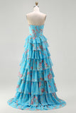 Blue Floral Strapless A-Line Corset Tiered Ruffle Print Long Prom Dress with Slit