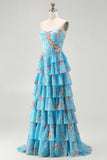 Blue Floral Strapless A-Line Corset Tiered Ruffle Print Long Prom Dress with Slit