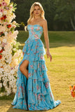 Blue Floral A-Line Strapless Corset Tiered Ruffle Print Long Prom Dress with Slit