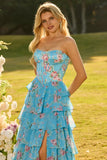 Blue Floral A-Line Strapless Corset Tiered Ruffle Print Long Prom Dress with Slit
