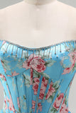 Blue Floral Strapless A-Line Corset Tiered Ruffle Print Long Prom Dress with Slit