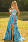 Blue Floral A-Line Strapless Corset Tiered Ruffle Print Long Prom Dress with Slit