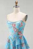 Blue Floral Strapless A-Line Corset Tiered Ruffle Print Long Prom Dress with Slit