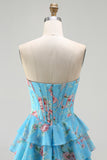 Blue Floral Strapless A-Line Corset Tiered Ruffle Print Long Prom Dress with Slit