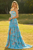 Blue Floral A-Line Strapless Corset Tiered Ruffle Print Long Prom Dress with Slit