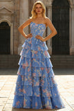 Blue Floral A-Line Strapless Corset Tiered Ruffle Print Long Prom Dress with Slit