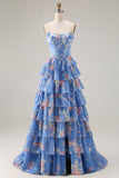 Blue Floral A-Line Strapless Corset Tiered Ruffle Print Long Prom Dress with Slit