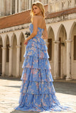 Blue Floral A-Line Strapless Corset Tiered Ruffle Print Long Prom Dress with Slit