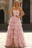 Yellow Flower Strapless Print A-Line Corset Tiered Ruffle Long Prom Dress with Slit