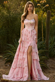 Pink Floral Strapless Print A-Line Corset Tiered Ruffle Long Prom Dress with Slit