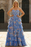 Dark Blue Plus Size Strapless Print A-Line Corset Tiered Ruffle Long Prom Dress with Slit