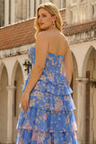 Dark Blue Plus Size Strapless Print A-Line Corset Tiered Ruffle Long Prom Dress with Slit