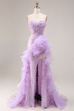 Strapless Lilac Mermaid Sequin Beaded Corset 3D Flower Long Prom Dress with Slit