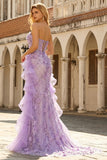 Strapless Lilac Mermaid Sequin Beaded Corset 3D Flower Long Prom Dress with Slit