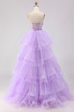 Princess Strapless Purple Corset Beaded Embroidered Long Prom Dress with Ruffles