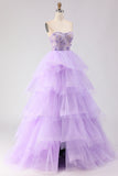 Princess Strapless Purple Corset Beaded Embroidered Long Prom Dress with Ruffles