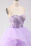Princess Strapless Purple Corset Beaded Embroidered Long Prom Dress with Ruffles
