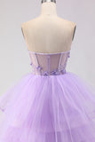 Princess Strapless Purple Corset Beaded Embroidered Long Prom Dress with Ruffles