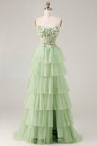 Green A-Line Strapless Corset Beaded Tiered Ruffle Long Prom Dress with Slit