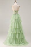 Green A-Line Strapless Corset Beaded Tiered Ruffle Long Prom Dress with Slit