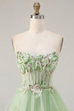 Green A-Line Strapless Corset Beaded Tiered Ruffle Long Prom Dress with Slit