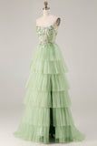 Green A-Line Strapless Corset Beaded Tiered Ruffle Long Prom Dress with Slit
