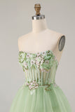 Green A-Line Strapless Corset Beaded Tiered Ruffle Long Prom Dress with Slit