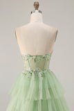 Green A-Line Strapless Corset Beaded Tiered Ruffle Long Prom Dress with Slit