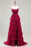 Fuchsia A-Line Strapless Corset Beaded Tiered Ruffle Long Prom Dress with Slit