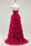 Fuchsia A-Line Strapless Corset Beaded Tiered Ruffle Long Prom Dress with Slit