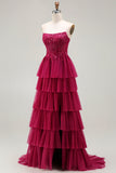 Fuchsia A-Line Strapless Corset Beaded Tiered Ruffle Long Prom Dress with Slit