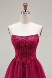 Fuchsia A-Line Strapless Corset Beaded Tiered Ruffle Long Prom Dress with Slit