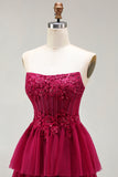 Fuchsia A-Line Strapless Corset Beaded Tiered Ruffle Long Prom Dress with Slit