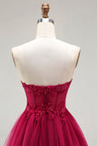 Fuchsia A-Line Strapless Corset Beaded Tiered Ruffle Long Prom Dress with Slit