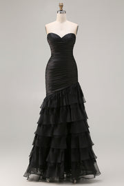 Sweetheart Beaded Black Mermaid Ruched Tiered Ruffle Long Prom Dress