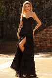 Beaded Black Sweetheart Mermaid Ruched Tiered Ruffle Long Prom Dress