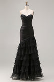 Sweetheart Beaded Black Mermaid Ruched Tiered Ruffle Long Prom Dress