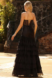 Sweetheart Beaded Black Mermaid Ruched Tiered Ruffle Long Prom Dress