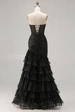 Sweetheart Beaded Black Mermaid Ruched Tiered Ruffle Long Prom Dress