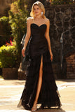 Beaded Black Sweetheart Mermaid Ruched Tiered Ruffle Long Prom Dress