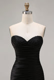 Sweetheart Beaded Black Mermaid Ruched Tiered Ruffle Long Prom Dress